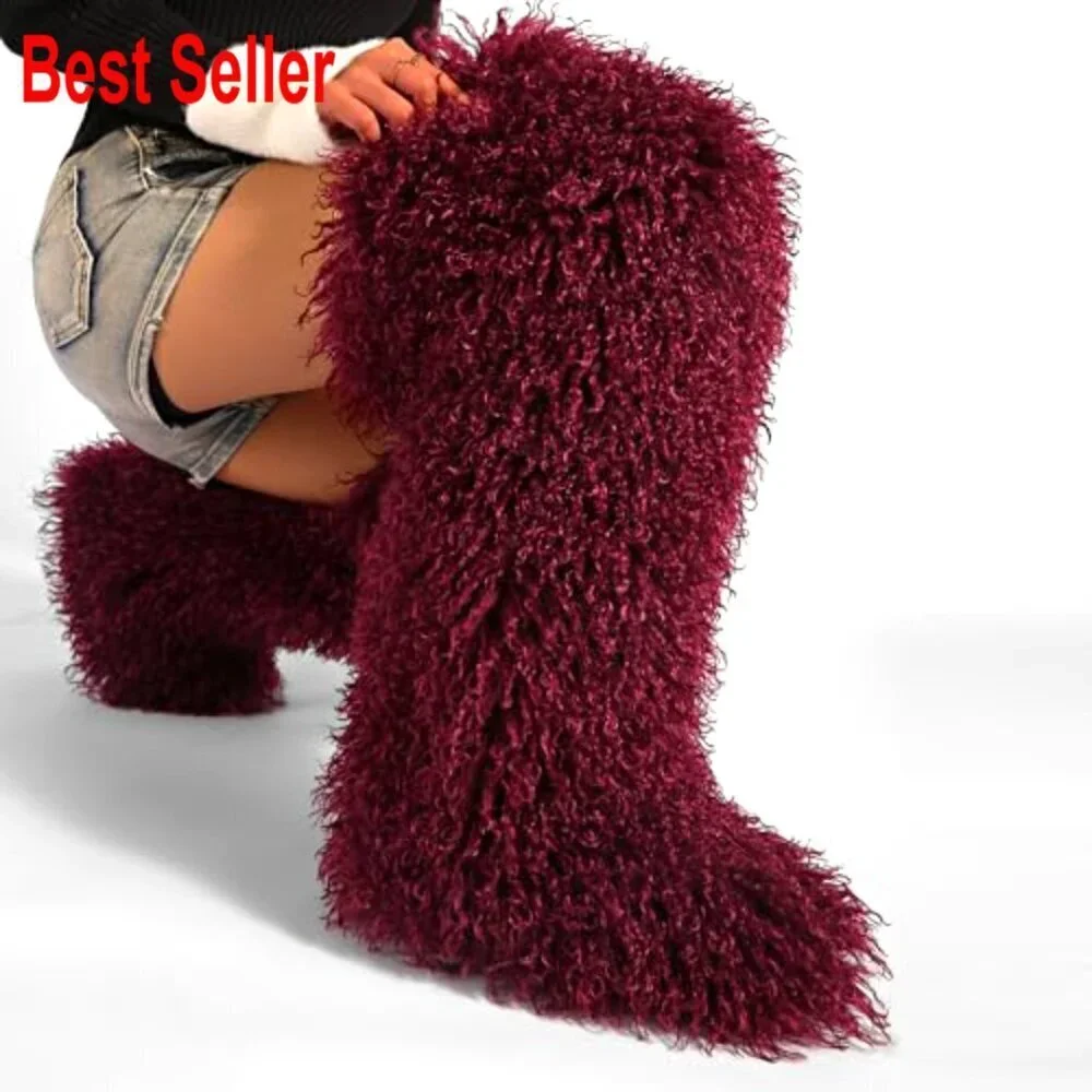 Thigh High Faux Fur Boots, Over the Knee Flat Winter Boots